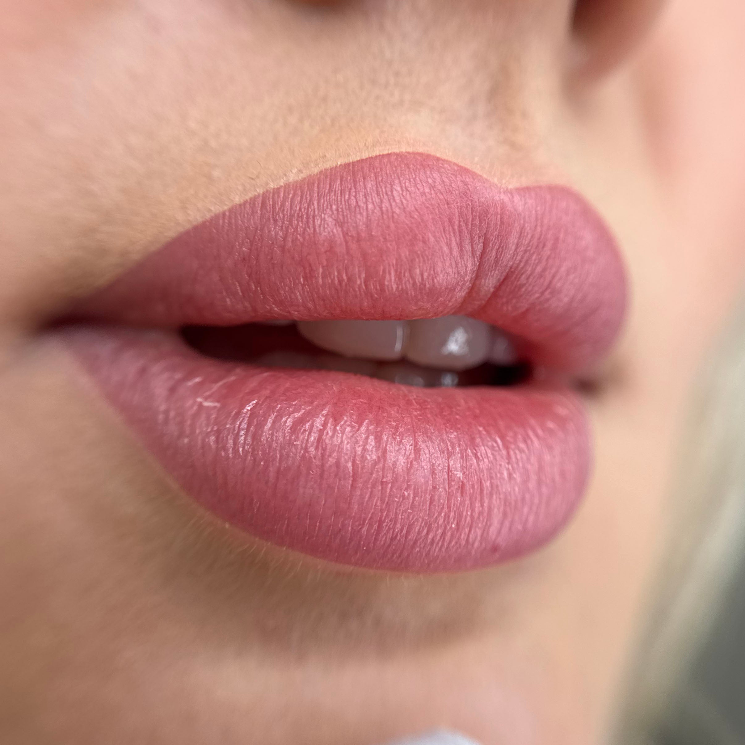Abgeheilte Lip-Blush-Ergebnisse nach einer einzigen PMU-Behandlung mit gleichmäßiger Pigmentretention und natürlicher Lippenstruktur